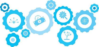 Connected gears and vector icons for logistic, service, shipping, distribution, transport, market, communicate concepts. gear blue icon setbusiness, currency exchange .