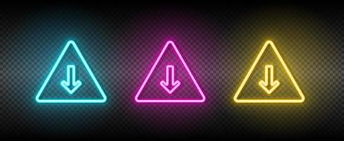 arrow, down, pyramid neon vector icon. Illustration neon blue, yellow, red icon set