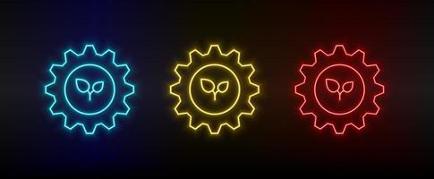 Neon icon set setting, eco, plants. Set of red, blue, yellow neon vector icon on transparency dark background