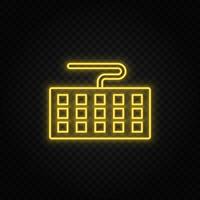 Yellow neon icon keyboard, computer. Transparent background. Yellow neon vector icon on dark background