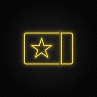 Yellow neon icon card, cinema, ticket.Transparent background. Yellow neon vector icon on dark background