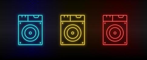 Neon icon set Disk drive. Set of red, blue, yellow neon vector icon on transparency dark background