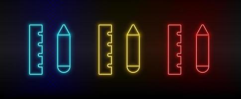 Neon icons, drafting tools, drawing tools. Set of red, blue, yellow neon vector icon on darken transparent background