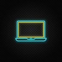 Computer, desktop. Blue and yellow neon vector icon. Transparent background on dark background