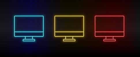 Neon icons, monitor, computer. Set of red, blue, yellow neon vector icon on darken transparent background