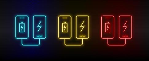 Neon icon set mobile, battery. Set of red, blue, yellow neon vector icon on transparency dark background