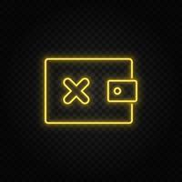 Yellow neon icon delete, money, wallet.Transparent background. Yellow neon vector icon on dark background
