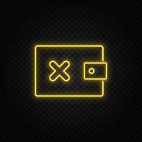 Yellow neon icon delete, money, wallet.Transparent background. Yellow neon vector icon on dark background