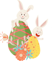 konijn karakter. zittend Aan ei, glimlachen grappig, gelukkig Pasen tekenfilm konijn met eieren, mand, bloemen, bloem. PNG