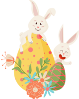 coniglietti carattere. seduta su uovo, sorridente divertente, contento Pasqua cartone animato conigli con uova, fiore.png png