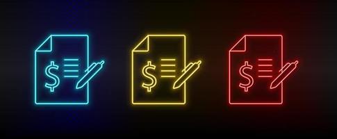Neon icon set bill, contract. Set of red, blue, yellow neon vector icon on transparency dark background