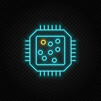 Cpu, hardware. Blue and yellow neon vector icon. Transparent background on dark background