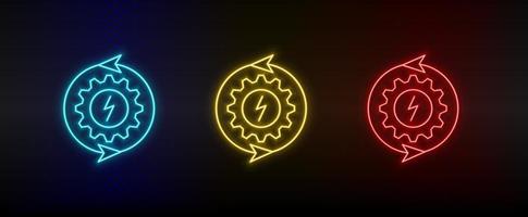 Neon icon set settings, eco, energy. Set of red, blue, yellow neon vector icon on transparency dark background