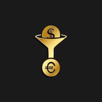 Currency conversion, dollar gold icon. Vector illustration of golden dark background. Gold vector icon