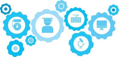 Connected gears and icons for logistic, service, shipping, distribution, transport, market, communicate concepts,monitor, computer gear blue icon set. Delivery mechanism concept. on white background vector