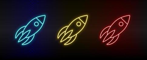 Neon icon set rocket, spaceship. Set of red, blue, yellow neon vector icon on transparency dark background