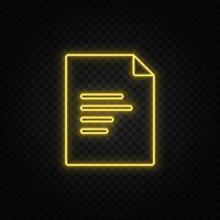 Yellow neon icon document. Transparent background. Yellow neon vector icon on dark background