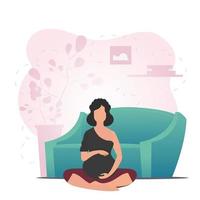 Pregnant girl in the lotus position. Relaxing pregnant woman. Cartoon style. vector