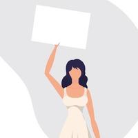 Pretty girl with an empty banner in her hands. Protest concept. Flat style. Vector illustration.