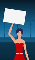 A woman protests with a banner against the backdrop of the city. The concept of expressing thoughts, dissatisfaction and protests. Vector illustration.