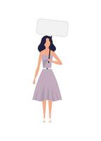 A girl in full growth with a banner in her hands. Isolated on white background. Flat style. Vector illustration.