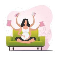 Pregnant girl in the lotus position. Pregnant woman practicing yoga. Vector flat illustration.