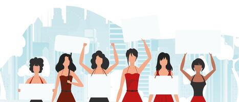 A group of girls are protesting. Banner in blue tones. Vector illustration in a flat style.