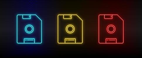 Neon icon set Disk floppy. Set of red, blue, yellow neon vector icon on transparency dark background