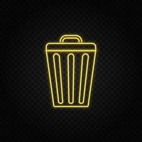 Yellow neon icon bin, trash, can. Transparent background. Yellow neon vector icon on dark background