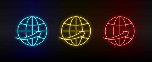 Neon icon set global business, communication. Set of red, blue, yellow neon vector icon on transparency dark background