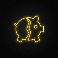 Yellow neon icon bank, broken, piggy.Transparent background. Yellow neon vector icon on dark background