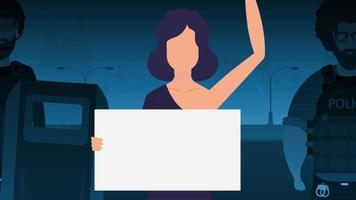 A woman with a banner on the background of the city. Protest concept. Vector illustration.