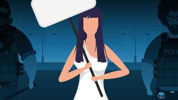 A woman with a banner on the background of the city. Protest concept. Vector illustration.