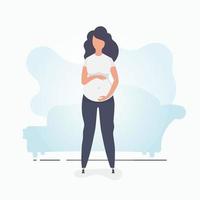 Pregnant girl in full growth. Well built pregnant female character. Postcard or poster in gentle colors for your design. Flat vector illustration.