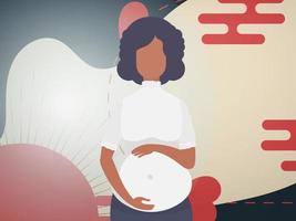 A pregnant woman holds her hands on her stomach. Banner or postcard for you. Vector illustration.