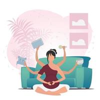 Pregnant woman in the lotus position. The concept of motherhood and a healthy lifestyle. Vector flat illustration.