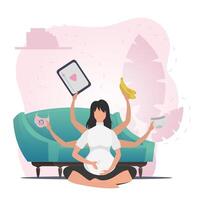 Pregnant girl in the lotus position. The concept of motherhood and a healthy lifestyle. Vector flat illustration.