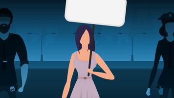 A woman protests with a banner against the backdrop of the city. The concept of expressing thoughts, dissatisfaction and protests. Vector illustration.