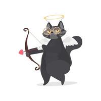 Funny gray cat in the image of a cupid. A cat with a serious look. Chubby cat with an arrow. Concept for the day of lovers. Good for designer cards or t-shirts. Vector illustration