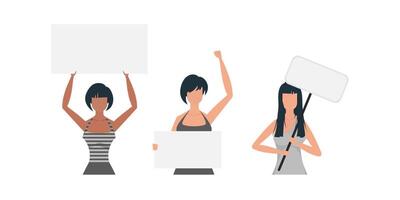 A set of Women in full growth with a banner in their hands. Isolated. Flat style. Vector. vector