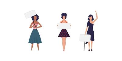 A set of Girls in full growth with a banner in their hands. Isolated. Flat style. Vector illustration.