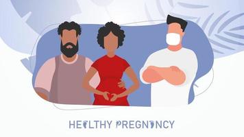 sano el embarazo póster. embarazada mujer y su hombre a el del doctor oficina. vector ilustración diseño.