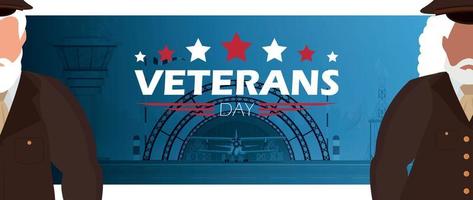 Veterans day banner with a wished man in uniform. Cartoon style. vector