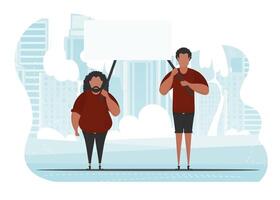 A group of people are protesting. Banner in blue tones. Vector illustration in a flat style.