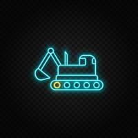 building, construction, industry, caterpillar. Blue and yellow neon vector icon. Vector transparent background