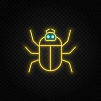 Bug, computer. Blue and yellow neon vector icon. Transparent background on dark background
