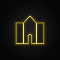 Yellow neon icon building, college. Transparent background. Yellow neon vector icon on dark background