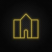 Yellow neon icon building, college. Transparent background. Yellow neon vector icon on dark background