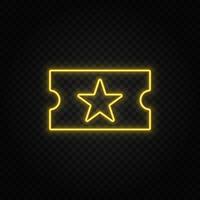Yellow neon icon cinema, party, ticket.Transparent background. Yellow neon vector icon on dark background