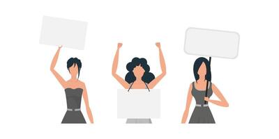 A set of Women in full growth with a banner in their hands. Isolated on white background. Flat style. Vector. vector